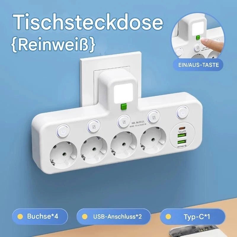 4-fach Steckdosenleiste mit USB | 4 Steckplätze | USB-Ports | Büro & Reise